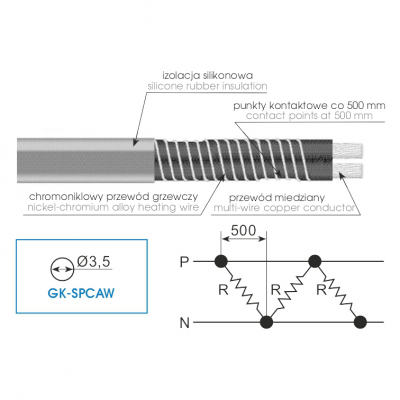 Silikonowy przewód grzewczy, okrągły o stałej mocy (bez oplotu) - różne modele GK-SPCA